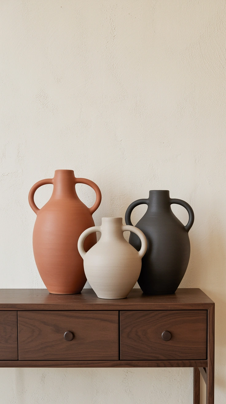 21 Earthy Fall Living Room Ideas for a Warm and Cozy Home 9 A collection of three handcrafted clay and ceramic vases displayed on a wooden shelf.