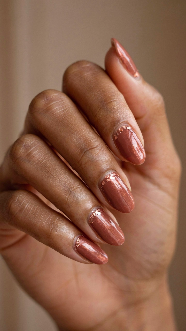 Mocha nails with copper foil speckles.