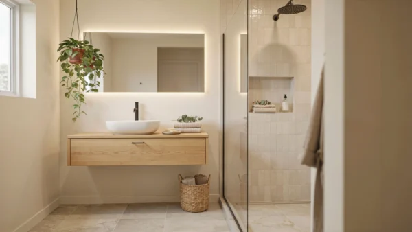 21 Cozy Bathroom Ideas for Small Spaces That Feel Surprisingly Spacious 23 A bright cozy bathroom ideas featuring soft beige walls, a floating light oak vanity, clear glass shower door, and natural light.