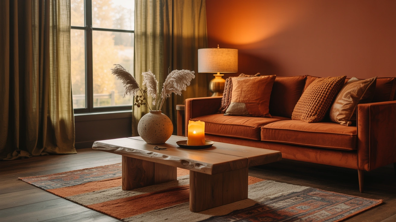 21 Earthy Fall Living Room Ideas for a Warm and Cozy Home 1 A warm earthy fall living room ideas featuring a terracotta accent wall, rust velvet sofa, raw wood coffee table, and warm ambient lighting.