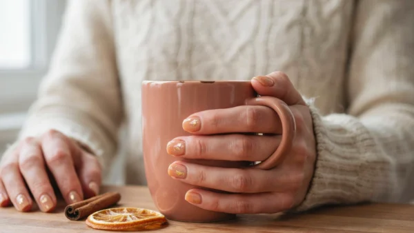 Cozy Fall Nail Ideas featuring a woman’s hand with warm pumpkin spice cream nails holding a mug.