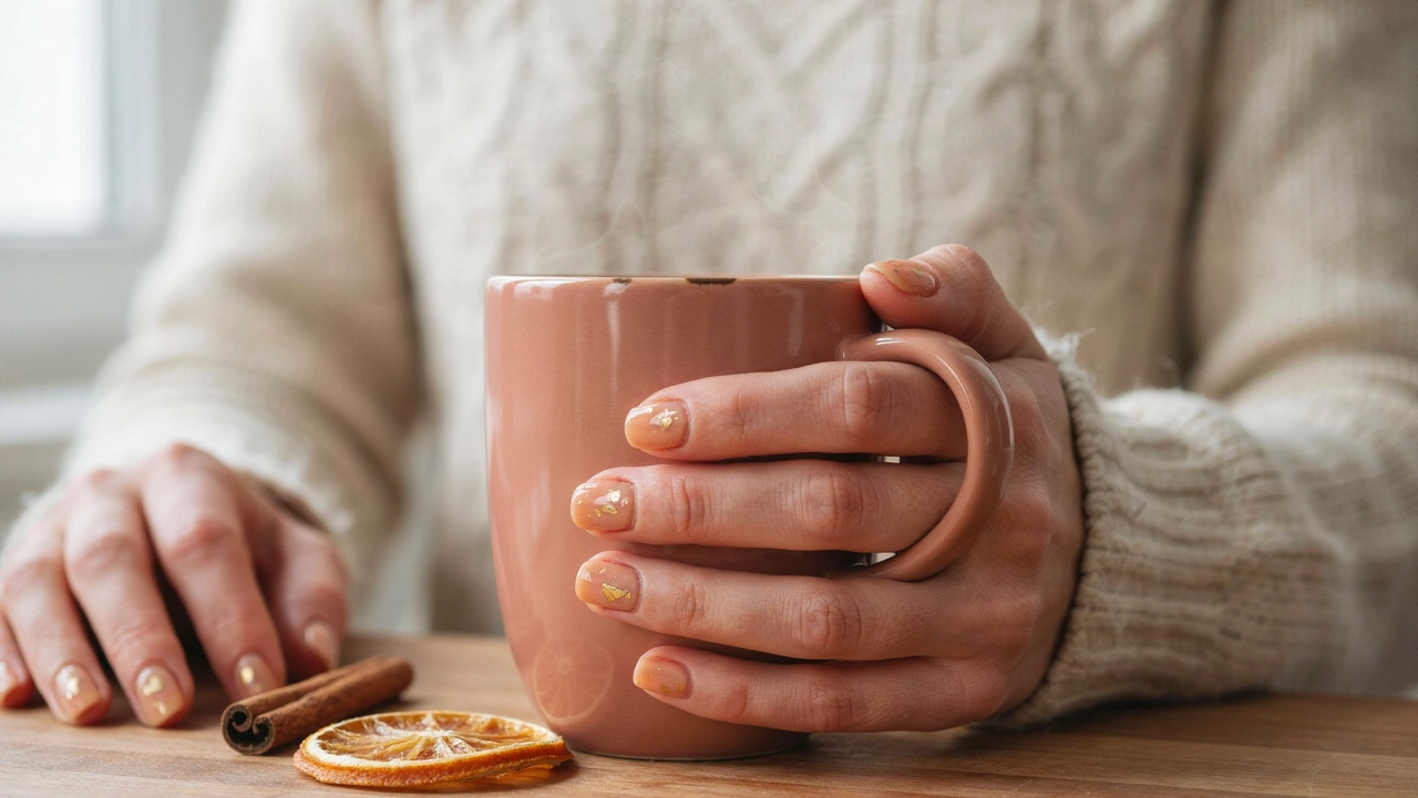 21 Cozy Fall Nail Ideas for a Warm Seasonal Look 1 Cozy Fall Nail Ideas featuring a woman’s hand with warm pumpkin spice cream nails holding a mug.