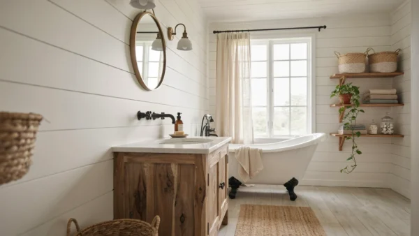 25 Cozy Farmhouse Bathroom Ideas With Rustic Charm 27 A Cozy Farmhouse Bathroom Ideas featuring a reclaimed wood vanity, a clawfoot tub, and white shiplap walls.
