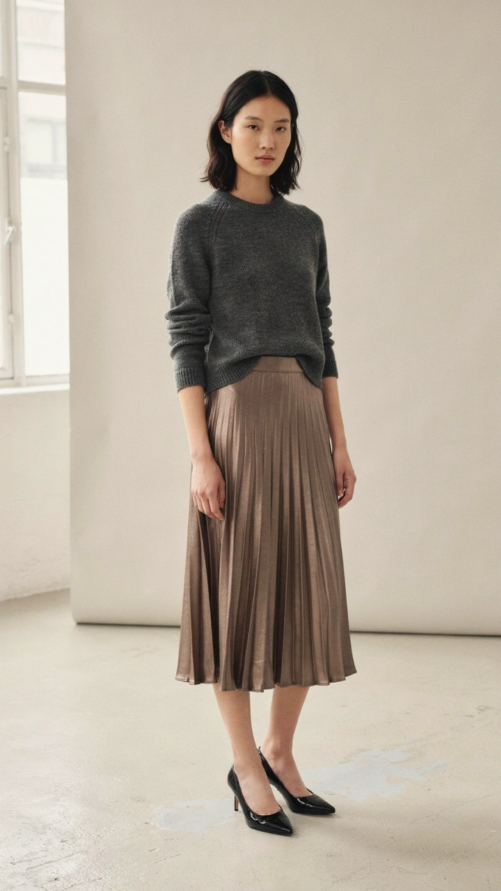 25 Fall Outfits That Make Getting Dressed So Easy 21 Fine charcoal grey sweater paired with a bronze pleated midi skirt and pumps.