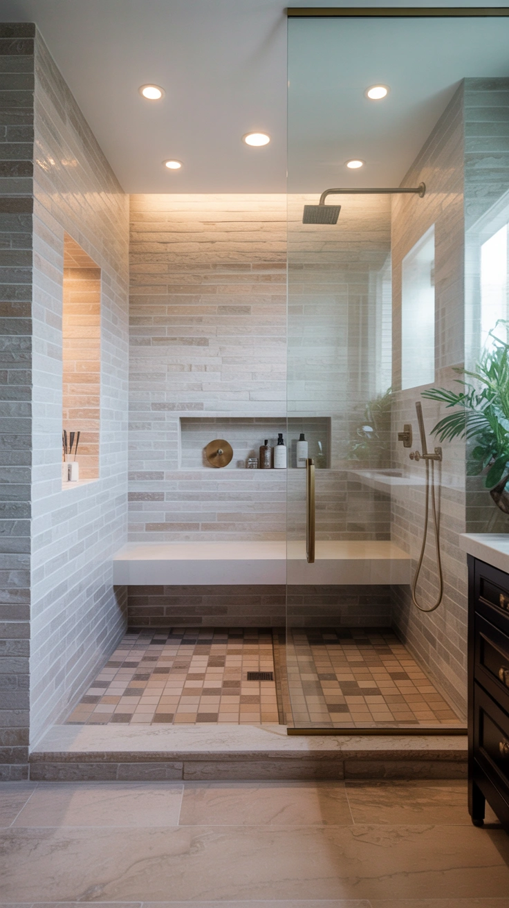 21 Cozy Bathroom Ideas for Small Spaces That Feel Surprisingly Spacious 22 Seamless transition of light stone tiles from the main bathroom floor into a curbless shower enclosure.