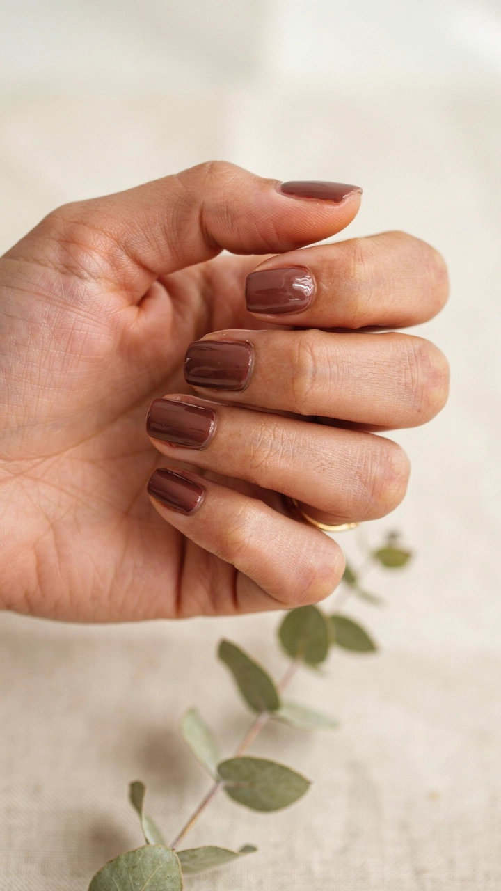 21 Cozy Fall Nail Ideas for a Warm Seasonal Look 3 Glossy deep chocolate brown manicure on short square nails.