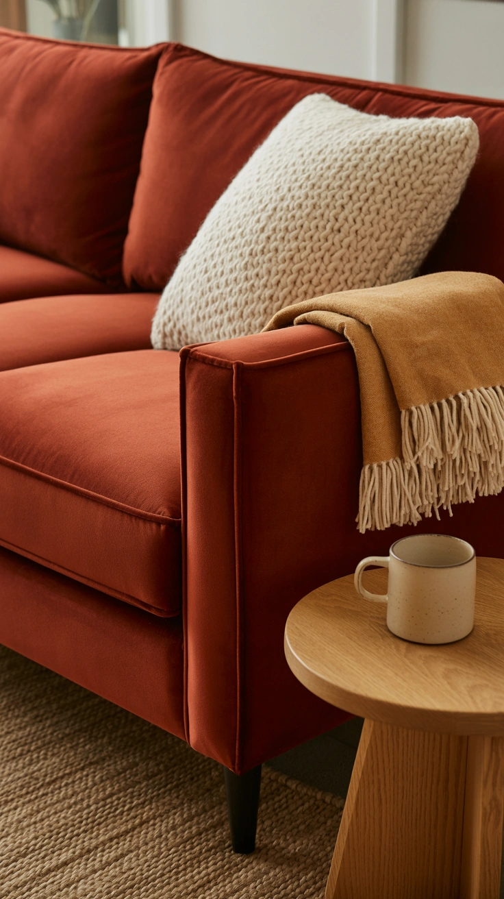 21 Earthy Fall Living Room Ideas for a Warm and Cozy Home 3 A deep rust velvet couch styled with cream knit wool pillows and a folded fringe blanket.
