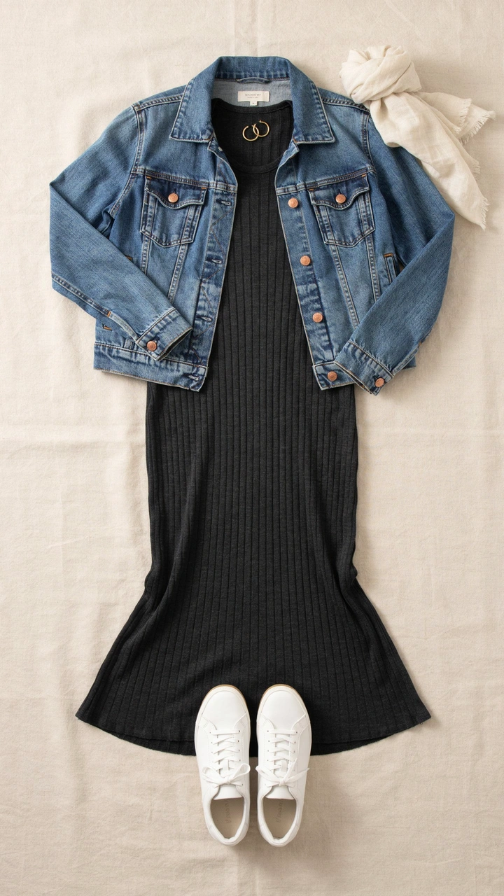 25 Fall Outfits That Make Getting Dressed So Easy 14 Classic blue denim jacket layered over a dark ribbed maxi dress with white casual sneakers.
