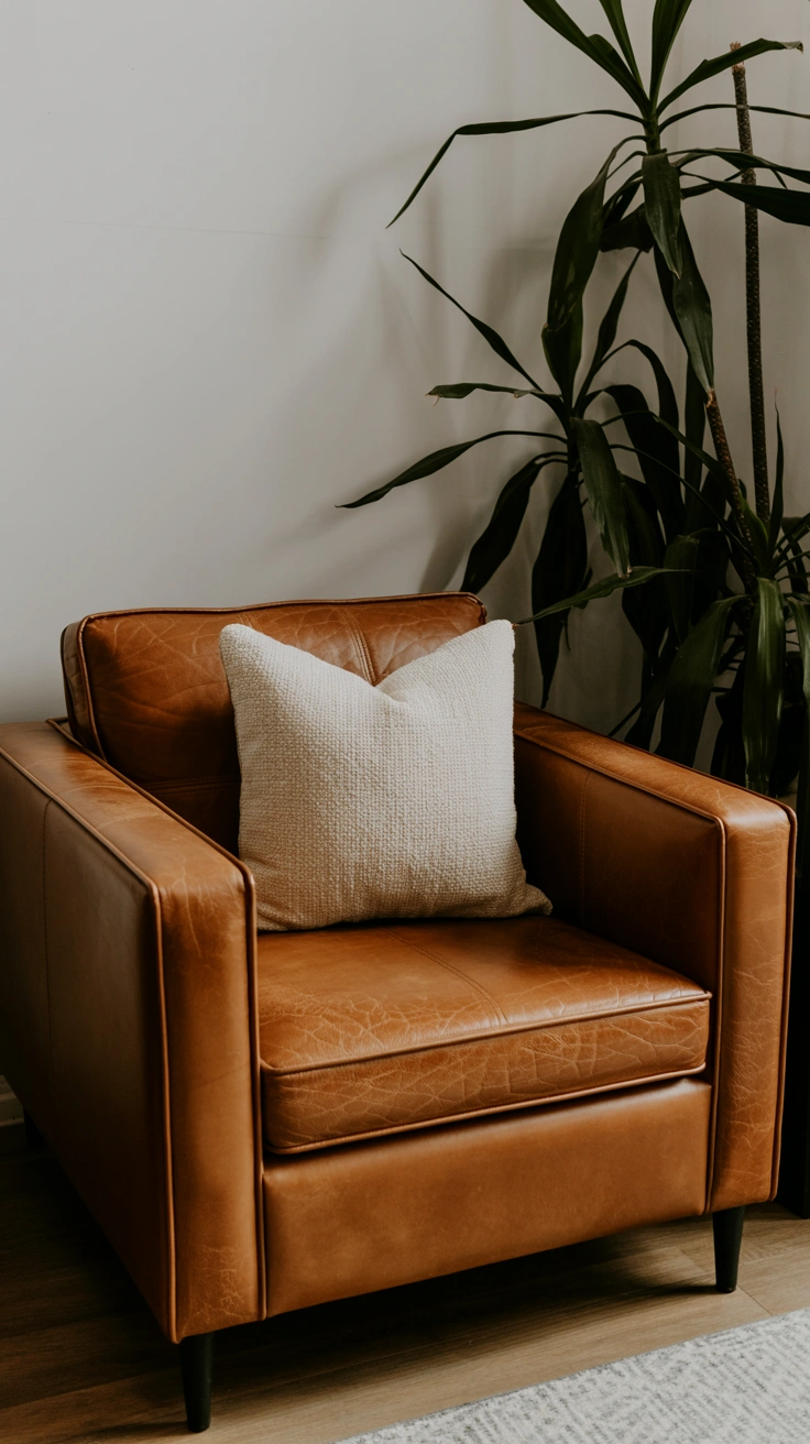 21 Earthy Fall Living Room Ideas for a Warm and Cozy Home 19 A cognac distressed leather armchair with a textured cushion in a warm living room nook.