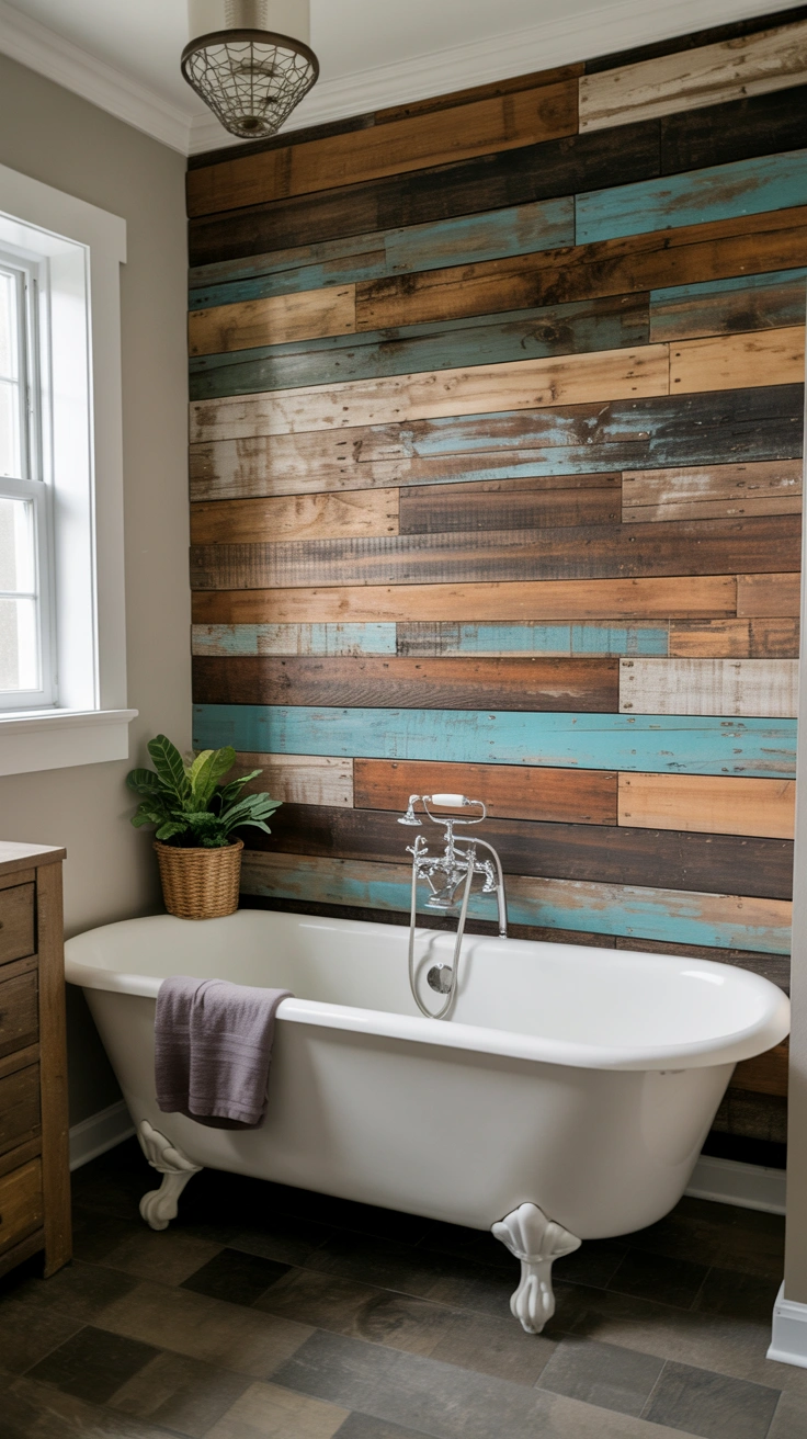 25 Cozy Farmhouse Bathroom Ideas With Rustic Charm 26 Weathered reclaimed wood accent wall behind a bathtub.