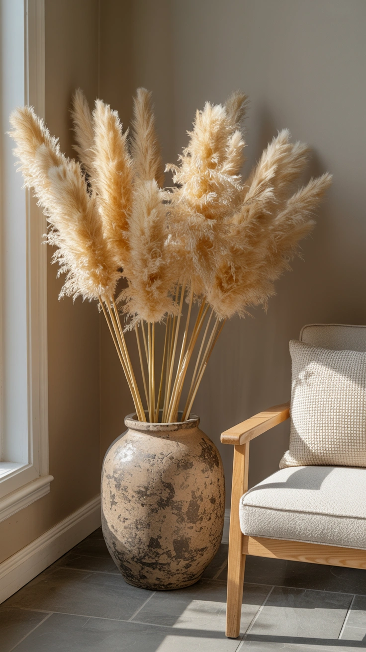 21 Earthy Fall Living Room Ideas for a Warm and Cozy Home 10 Tall feathery dried pampas grass plumes in a heavy stoneware jug sitting in a room corner.