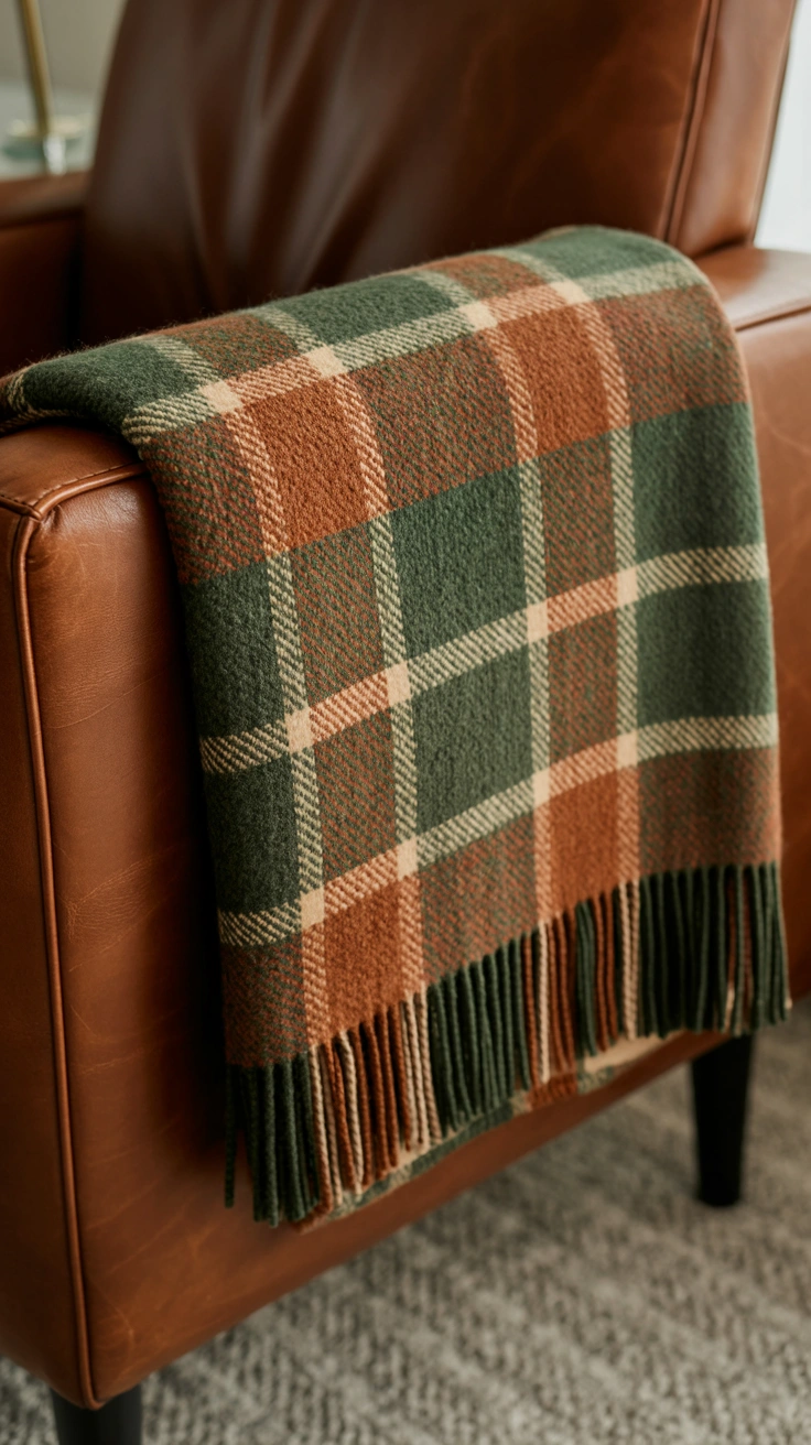 21 Earthy Fall Living Room Ideas for a Warm and Cozy Home 16 A folded plaid woven blanket in green, rust, and cream draped over an armchair armrest.