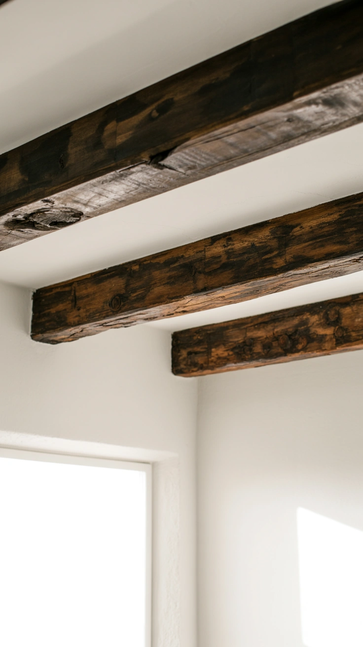 25 Cozy Farmhouse Bathroom Ideas With Rustic Charm 10 Dark wood architectural ceiling beams in a bright bathroom setting.