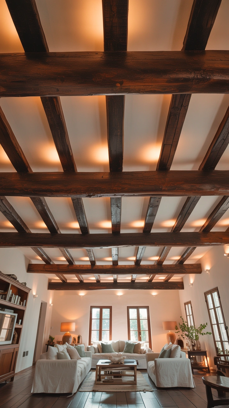 21 Earthy Fall Living Room Ideas for a Warm and Cozy Home 15 Rustic exposed dark wood ceiling beams in a cozy living room with high ceilings.