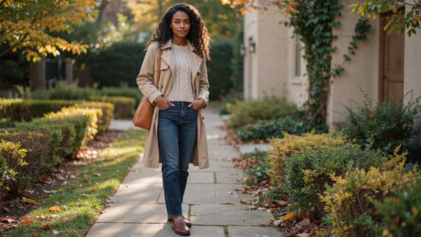 25 Fall Outfits That Make Getting Dressed So Easy 33 Woman wearing a classic fall outfit with a beige trench coat, cream sweater, blue jeans, and brown leather accessories.
