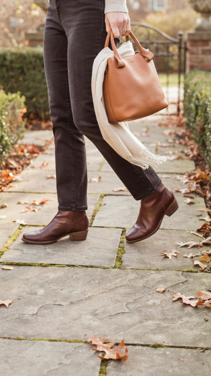 How to Build a Simple Fall Capsule Wardrobe You’ll Actually Wear 6 A woman wearing brown leather boots and carrying a camel tote bag.