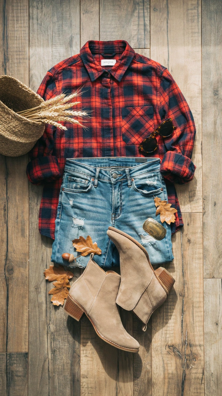 25 Fall Outfits That Make Getting Dressed So Easy 26 Red and navy plaid flannel shirt paired with distressed jeans and tan suede boots.