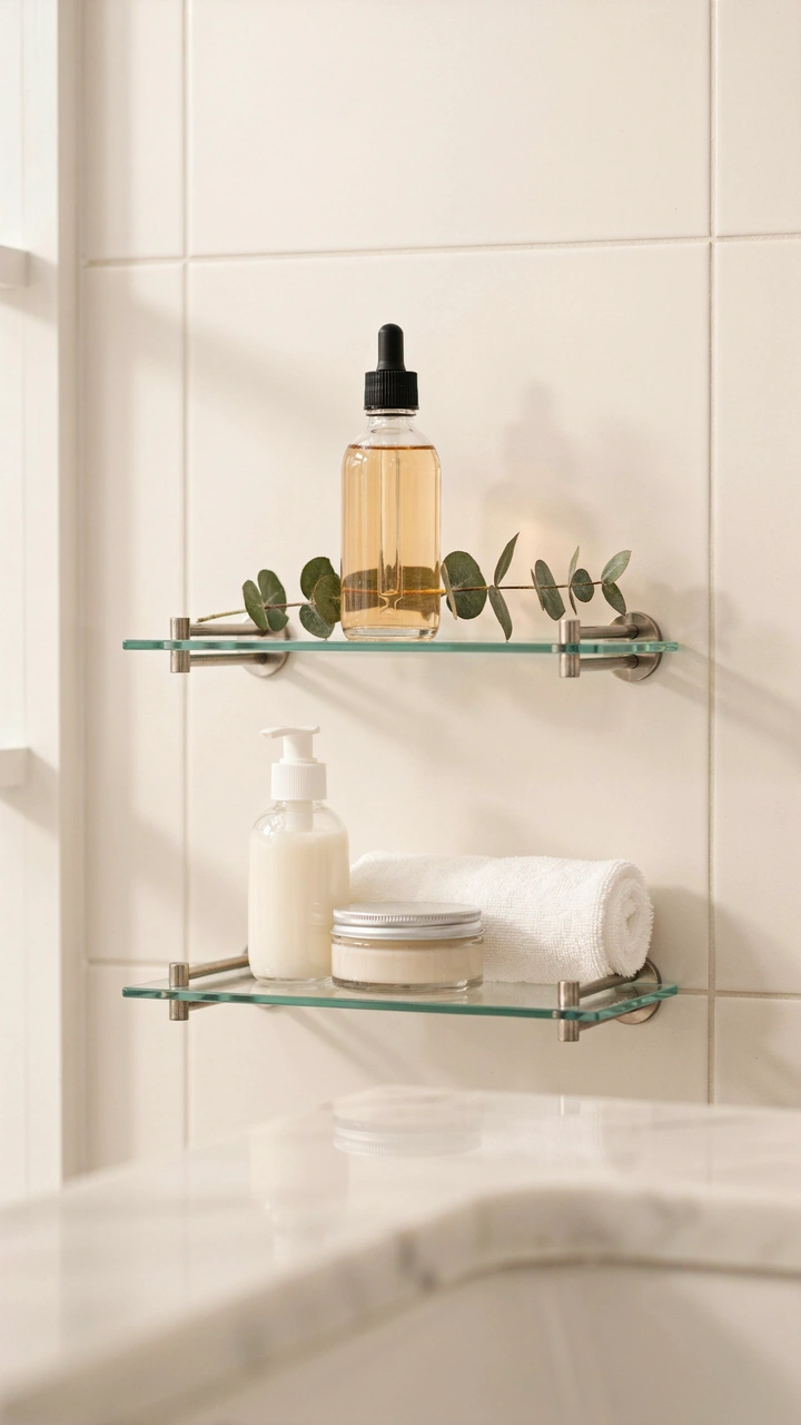 21 Cozy Bathroom Ideas for Small Spaces That Feel Surprisingly Spacious 12 Clear glass wall shelves mounted near a vanity holding neat glass perfume bottles and soaps.