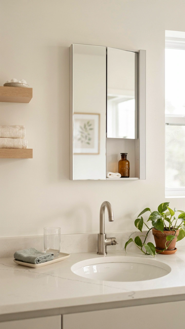 21 Cozy Bathroom Ideas for Small Spaces That Feel Surprisingly Spacious 8 A sleek mirrored medicine cabinet sitting flush against a light grey bathroom wall.
