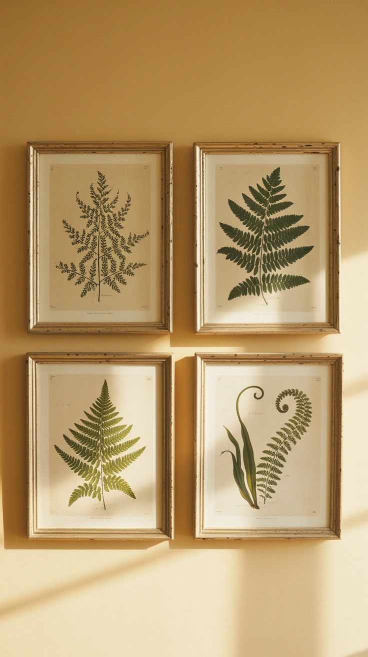 25 Cozy Farmhouse Bathroom Ideas With Rustic Charm 16 Set of four framed vintage botanical fern prints on a wall.