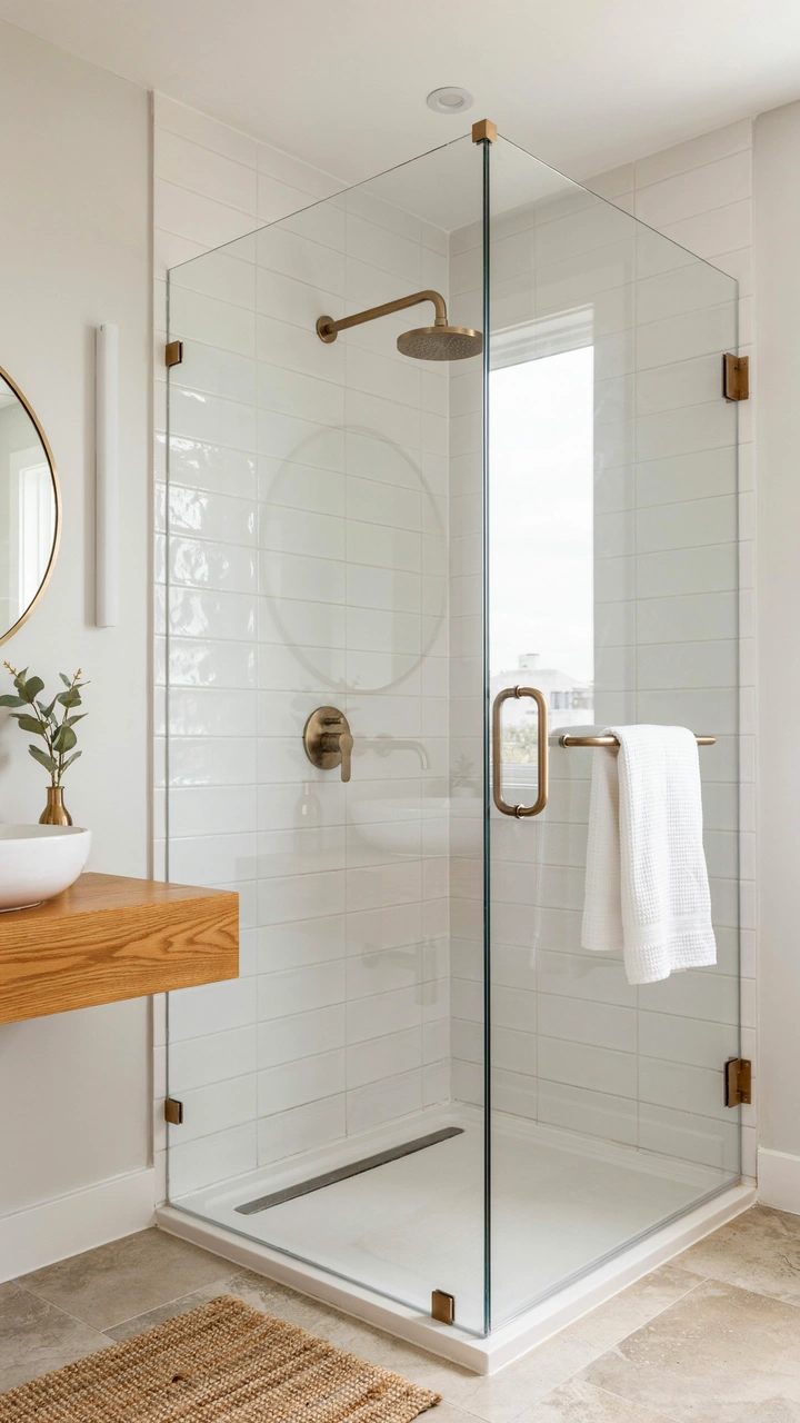 21 Cozy Bathroom Ideas for Small Spaces That Feel Surprisingly Spacious 11 A clear glass shower door exposing light subway tiles inside a small modern bathroom.