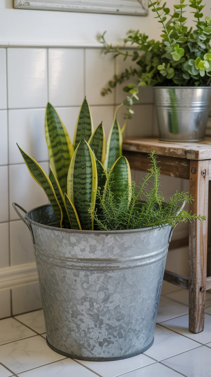 25 Cozy Farmhouse Bathroom Ideas With Rustic Charm 13 Galvanized metal bucket used as a planter in a rustic bathroom.