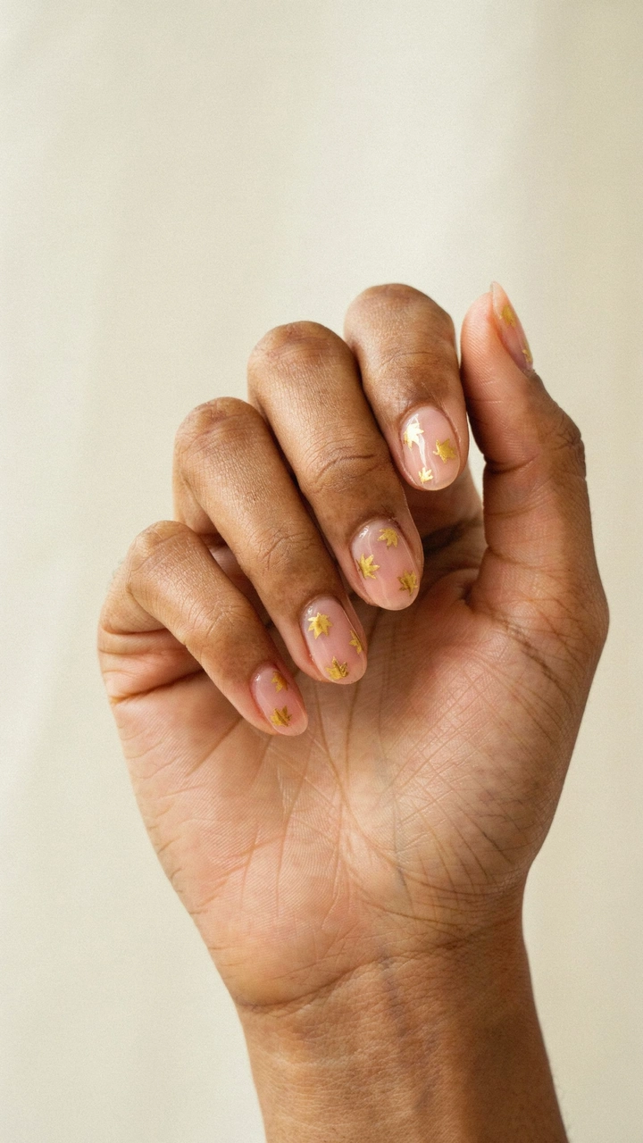 21 Cozy Fall Nail Ideas for a Warm Seasonal Look 8 Nude nails with detailed gold maple leaf accents.