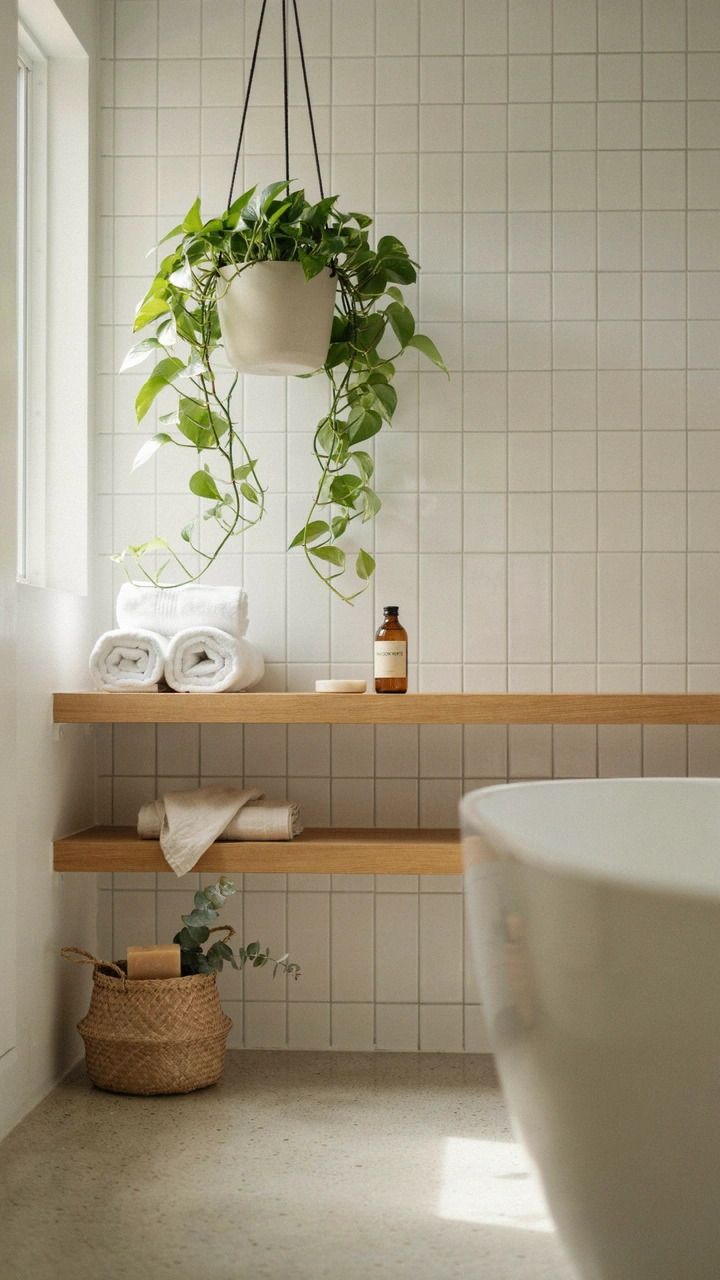 21 Cozy Bathroom Ideas for Small Spaces That Feel Surprisingly Spacious 18 A green trailing pothos plant hanging from the ceiling in a white ceramic pot inside a sunlit bathroom.