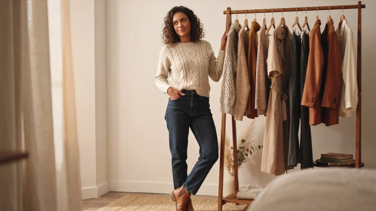 A stylish dark brown woman standing in front of a modern wooden clothing rack holding a fall capsule wardrobe outfit.
