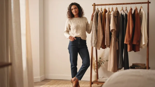 How to Build a Simple Fall Capsule Wardrobe You’ll Actually Wear 8 A stylish dark brown woman standing in front of a modern wooden clothing rack holding a fall capsule wardrobe outfit.