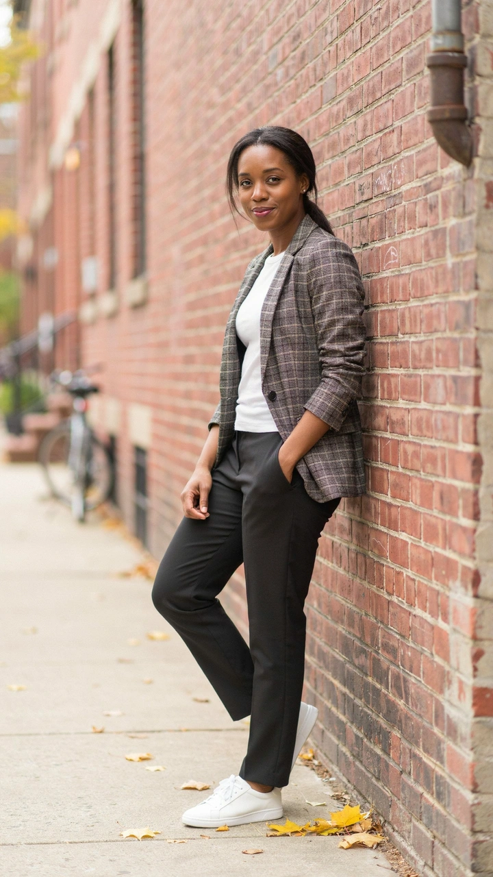 How to Build a Simple Fall Capsule Wardrobe You’ll Actually Wear 7 A woman wearing a structured blazer, trousers, and clean white sneakers.