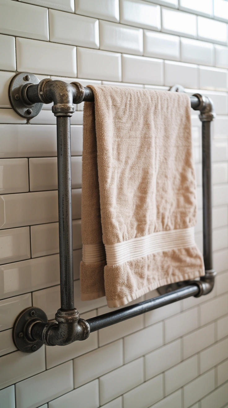 25 Cozy Farmhouse Bathroom Ideas With Rustic Charm 6 Dark iron industrial pipe towel rack mounted on a bathroom wall.