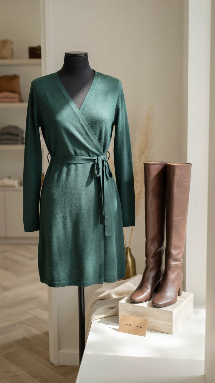 25 Fall Outfits That Make Getting Dressed So Easy 19 Emerald green knit wrap dress displayed alongside brown leather knee-high boots.