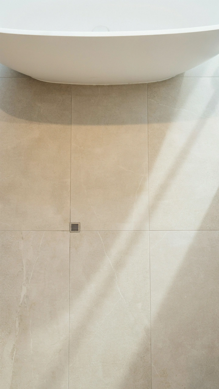 21 Cozy Bathroom Ideas for Small Spaces That Feel Surprisingly Spacious 16 Large light stone floor tiles with minimal grout lines in a spacious-feeling small bath.