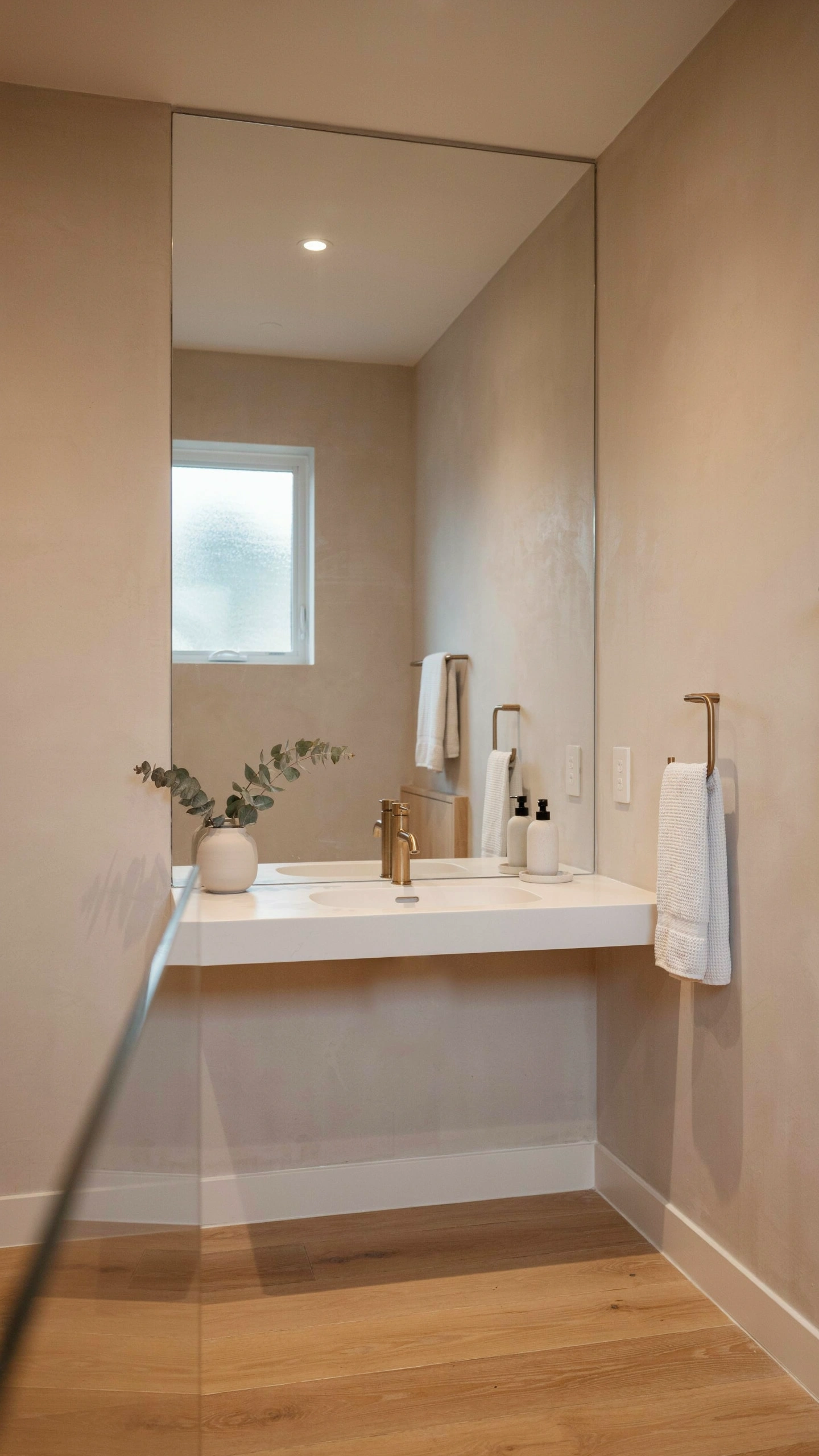 21 Cozy Bathroom Ideas for Small Spaces That Feel Surprisingly Spacious 7 An oversized frameless wall mirror reflecting bright sunlight and light neutral walls in a compact bath.