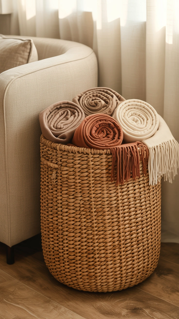 21 Earthy Fall Living Room Ideas for a Warm and Cozy Home 22 A woven storage basket filled with extra wool and fringe throw blankets next to a couch.
