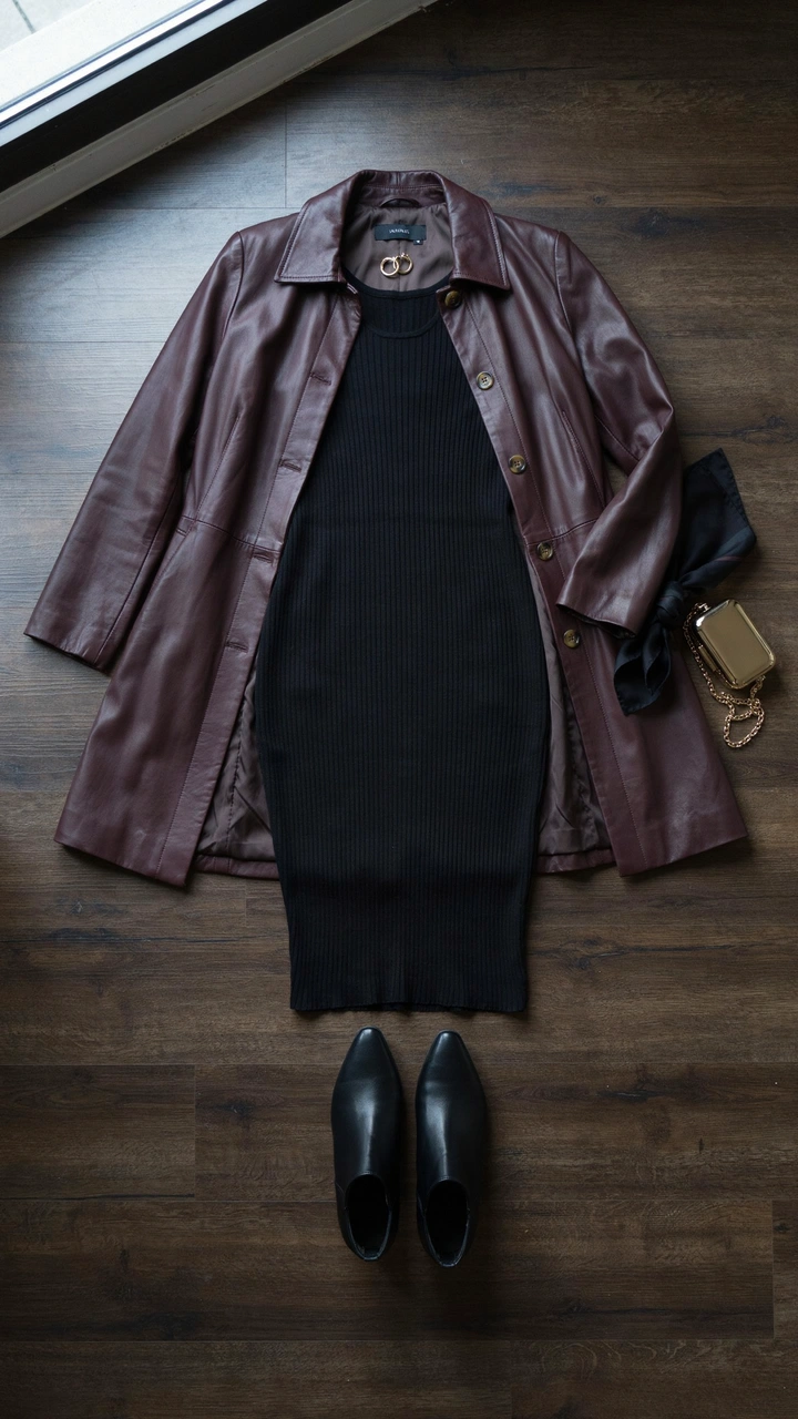 25 Fall Outfits That Make Getting Dressed So Easy 28 Dark brown faux leather trench coat over a black bodycon dress with ankle boots.