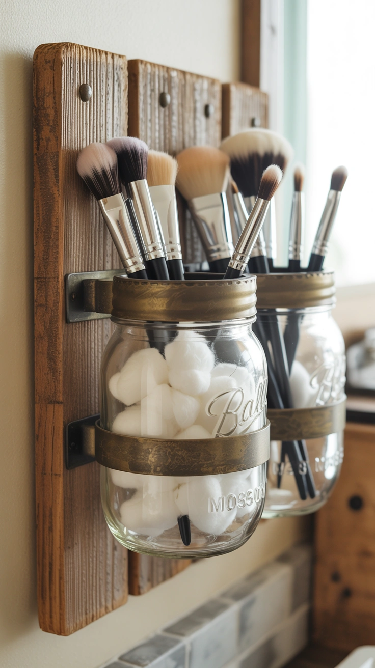 25 Cozy Farmhouse Bathroom Ideas With Rustic Charm 14 Clear glass mason jars used for organizing small bathroom supplies.