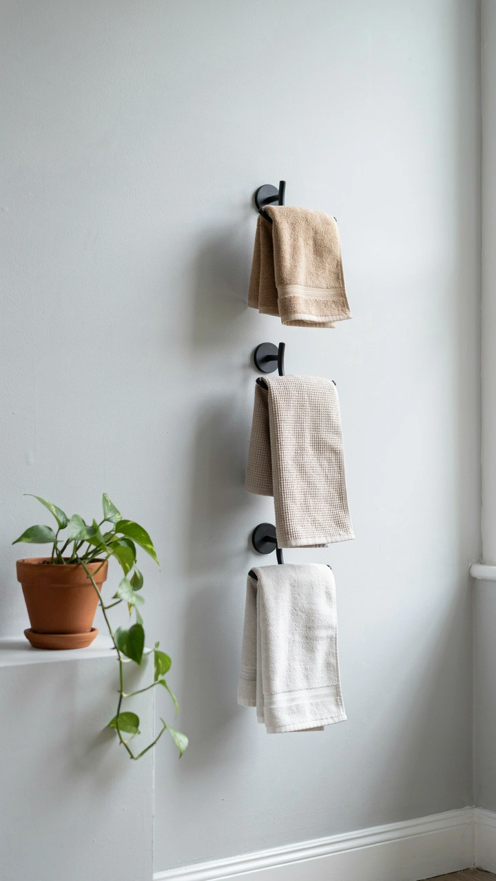 21 Cozy Bathroom Ideas for Small Spaces That Feel Surprisingly Spacious 19 Matte black towel hooks mounted on a light wall holding folded beige hand towels in a modern bathroom.