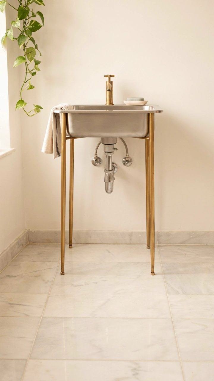 21 Cozy Bathroom Ideas for Small Spaces That Feel Surprisingly Spacious 20 A vintage style white console sink with slim brass legs standing over open floor tile.