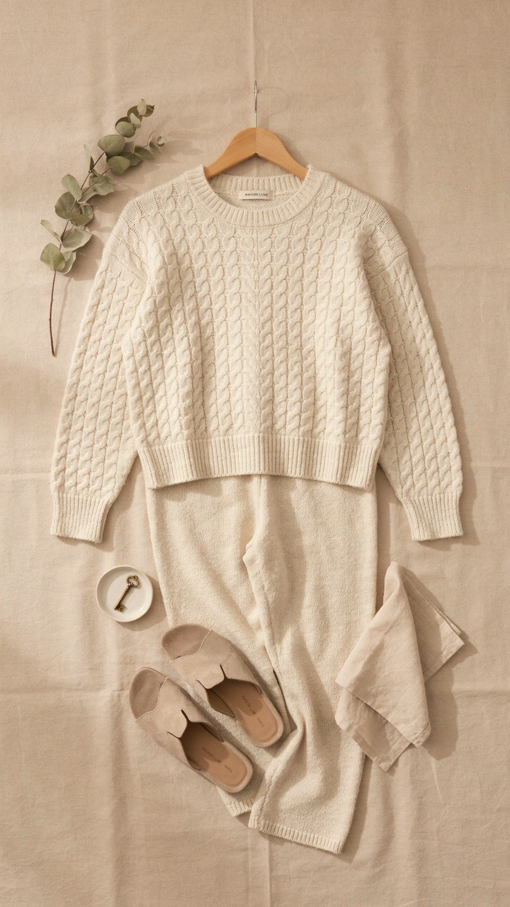 25 Fall Outfits That Make Getting Dressed So Easy 15 Matching cream monochrome knit sweater and trouser lounge set displayed with beige slides.