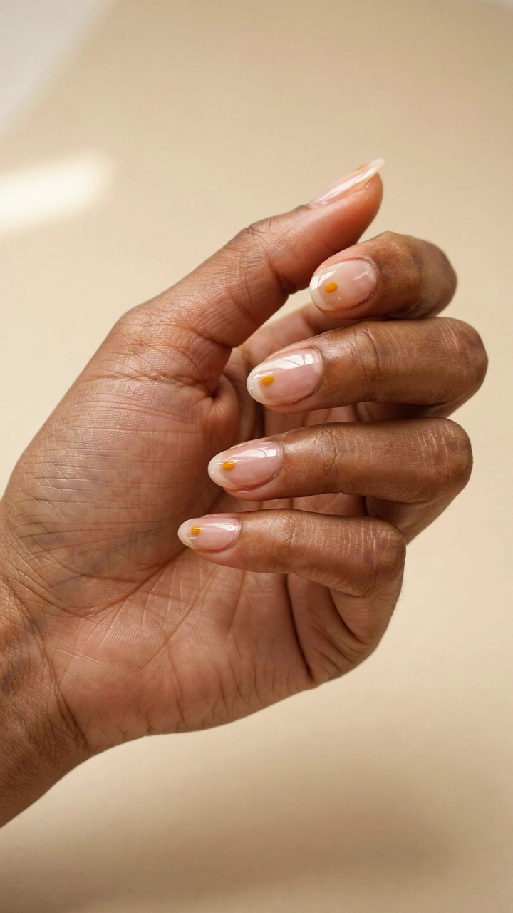 21 Cozy Fall Nail Ideas for a Warm Seasonal Look 13 Minimalist mustard yellow dots on nude nails.