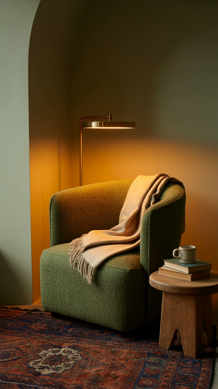 21 Earthy Fall Living Room Ideas for a Warm and Cozy Home 13 A muted forest green upholstered accent chair paired with a brass reading lamp and woven throw.