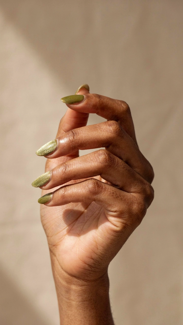 21 Cozy Fall Nail Ideas for a Warm Seasonal Look 5 Muted olive green velvet nails resting on a sweater.