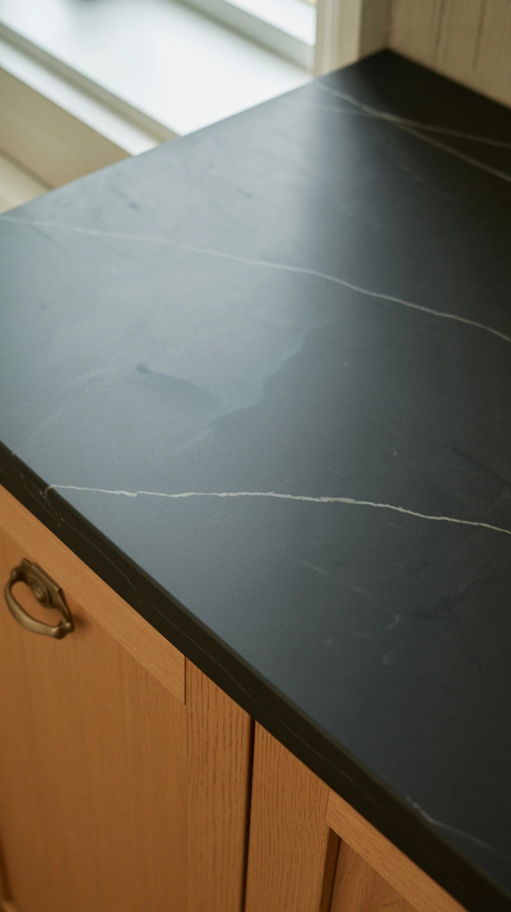 25 Cozy Farmhouse Bathroom Ideas With Rustic Charm 22 Matte black soapstone countertop with subtle white veins.