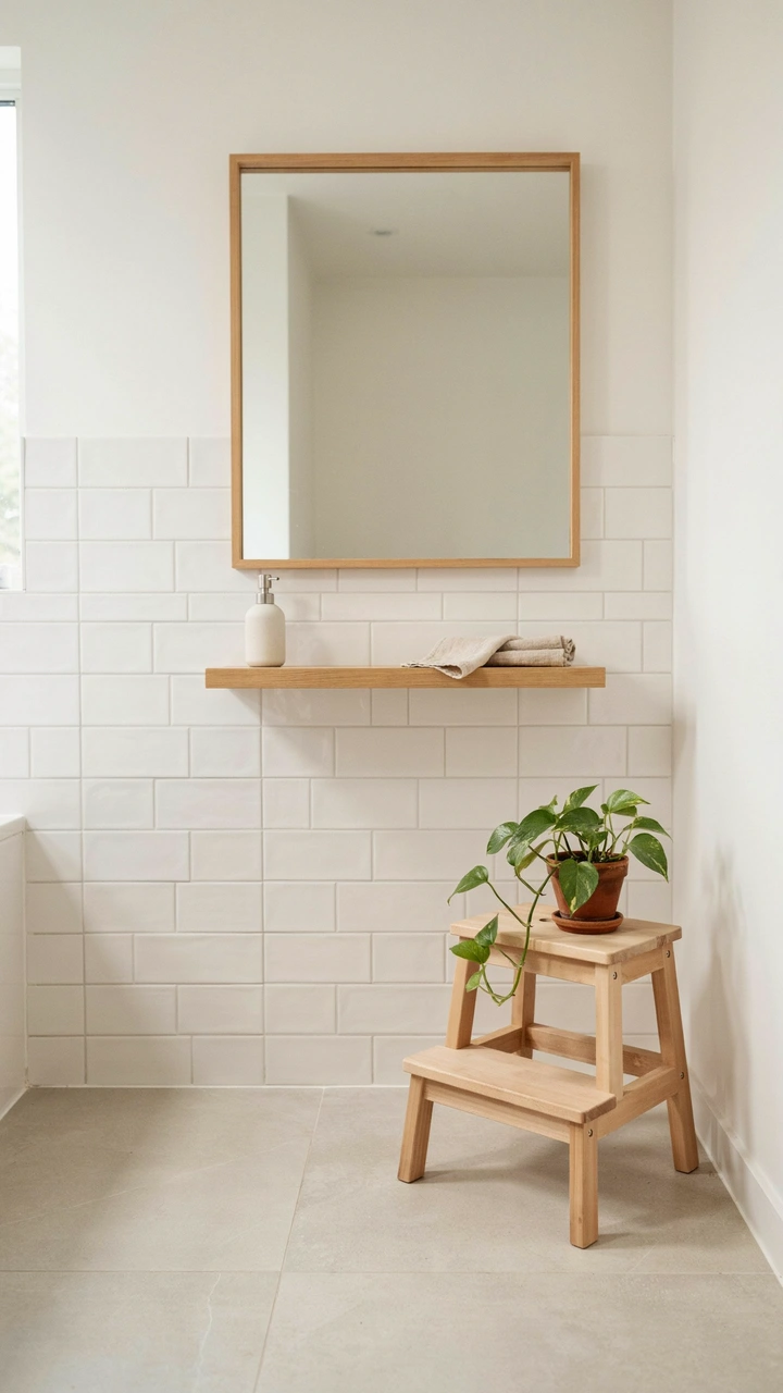 21 Cozy Bathroom Ideas for Small Spaces That Feel Surprisingly Spacious 13 Light oak vanity and wooden mirror frame bringing warm textures to a white tiled bathroom.