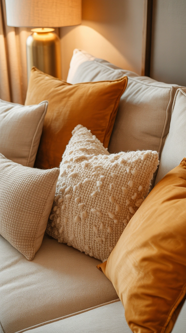 21 Earthy Fall Living Room Ideas for a Warm and Cozy Home 7 Golden ochre and cream throw pillows arranged on a beige linen sofa.
