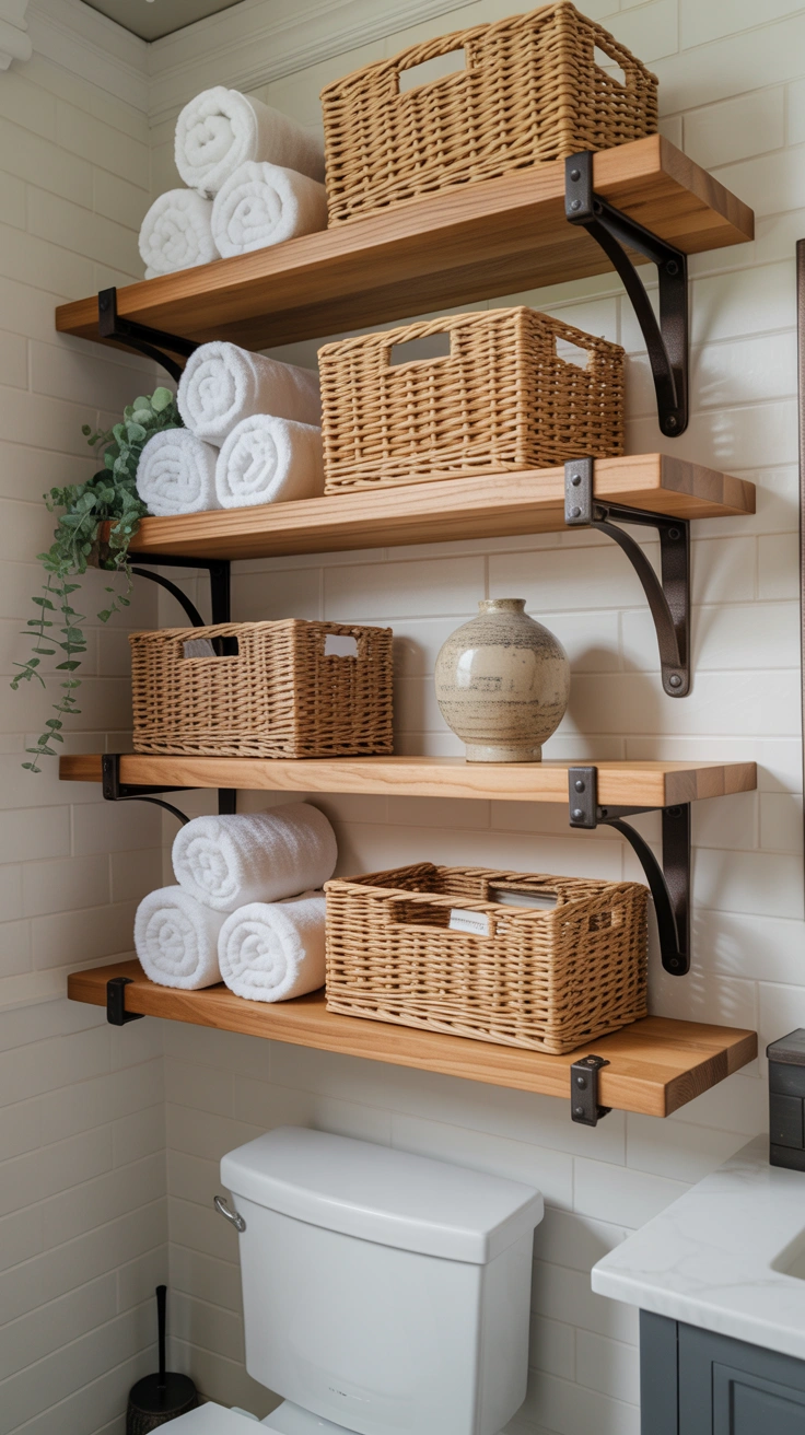 25 Cozy Farmhouse Bathroom Ideas With Rustic Charm 12 Floating wooden shelves with iron brackets holding towels and decor items.