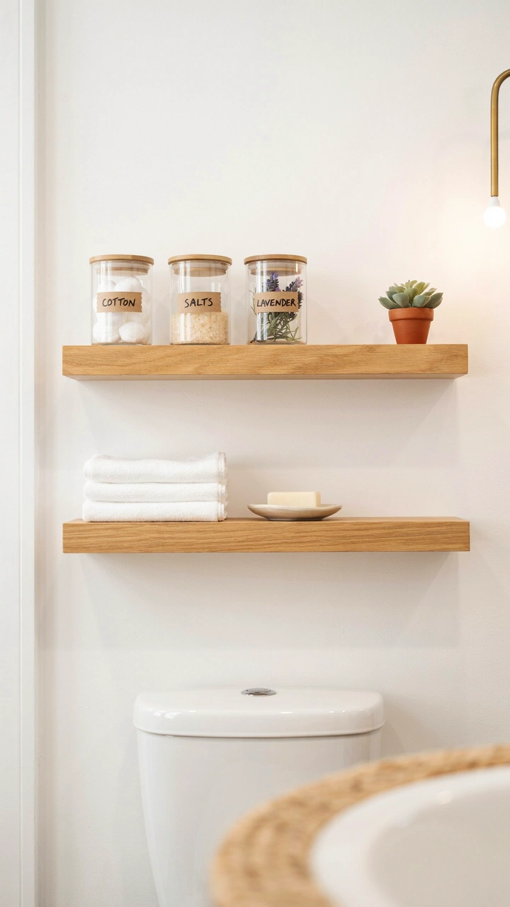21 Cozy Bathroom Ideas for Small Spaces That Feel Surprisingly Spacious 6 Light wooden floating shelves installed over a toilet displaying neatly arranged bathroom decor.