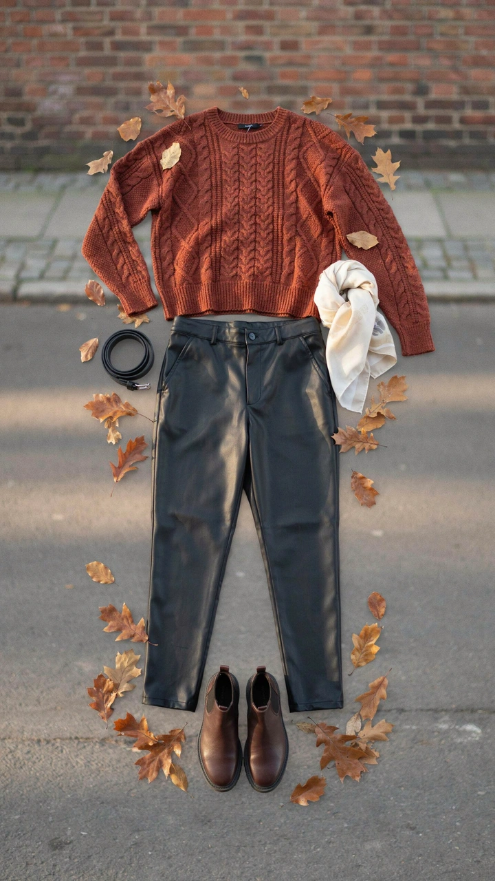 25 Fall Outfits That Make Getting Dressed So Easy 13 Oversized rust knit sweater paired with black faux leather pants and black boots.